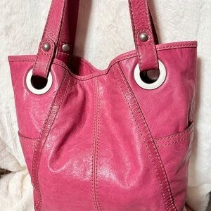 Fossil Hot Pink Leather Tote with Silver Eyelet Handles